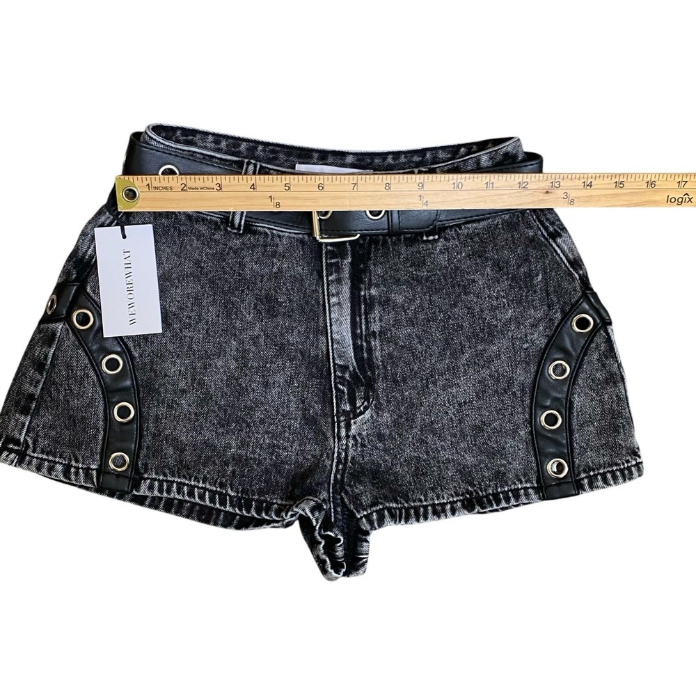 WeWoreWhat Grommet Belted Jean Shorts Size 24 Black Acid Wash Punk Goth Grunge - Picture 4 of 10